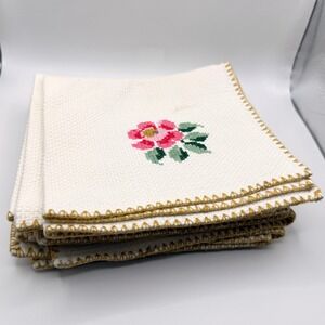 Vtg Set of 6 Embroidered Floral Napkins White Gold Trim Tablecloth Cross Stitch
